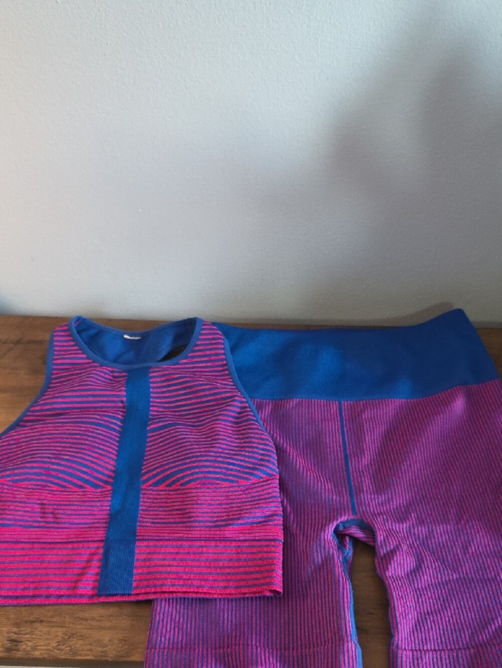 Fabletics Pink & Blue Striped Athletic Set - Crop Top and High-Waist Shorts